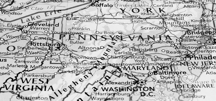 Black and white map of Pennsylvania