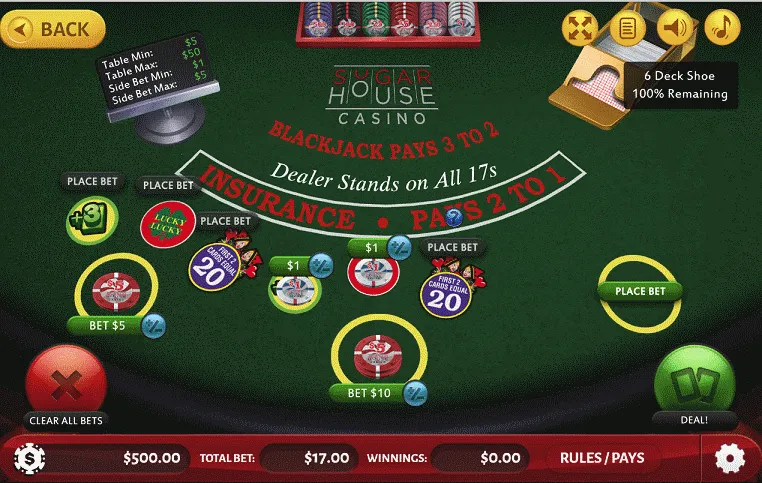 SugarHouse Casino Multi-Bet Blackjack with optional sidebets